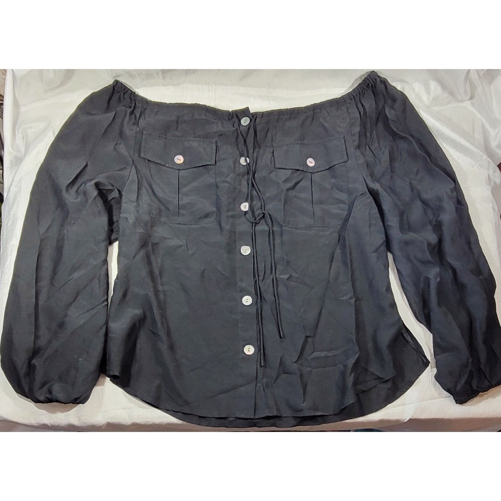 Tommy Bahama Women's Off the Shoulder Viscose Silk Peasant Blouse - Black - XS